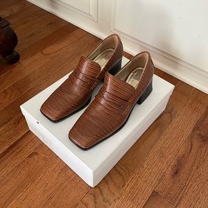 Suzanne Rae Brown Faux Lizard Square Toed Brown Heeled Loafers